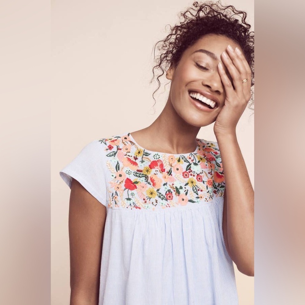 Anthropologie Maeve Chrissy Embroidered Tunic Dress Cap Sleeve Cotton 6 Petite